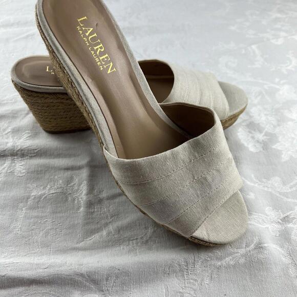 Lauren Ralph Lauren Womens Sandals Size 8.5 B Espadrilles Beige Fabric Wedge - Picture 2 of 9